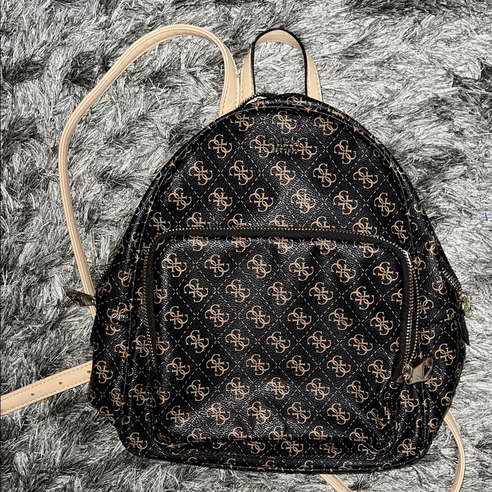 GUESS Rylan Black and Gold Logo Designer Backpack